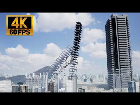 Domino fall of giant parking tower, 1000 cars fall
