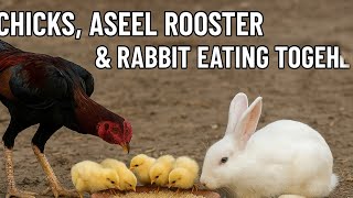 Chicks, Aseel Rooster & Rabbit Eating Together! 🐥🐓🐇 #animals #rabbit #aseelroster #chicks