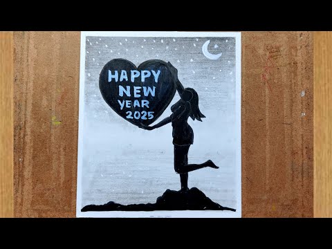 happy new year 2025 drawing easy,beautiful new year card drawing,happy new year gree card making,