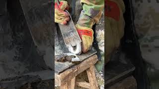 The craftsman fixes the donkey's hooves in one smooth motion