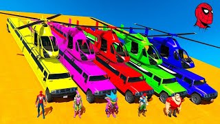 Colored Spiderman & Super Heroes driving Super Cars & Big Trucks in long race track