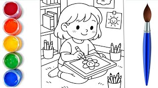 How to draw easy cute girl doing drawing | easy drawing step by step for kids 