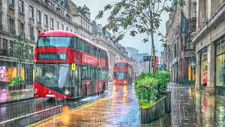 London Heavy Rain Walk | Central London City Streets Walking Tour in Rainy West End | 4K HDR