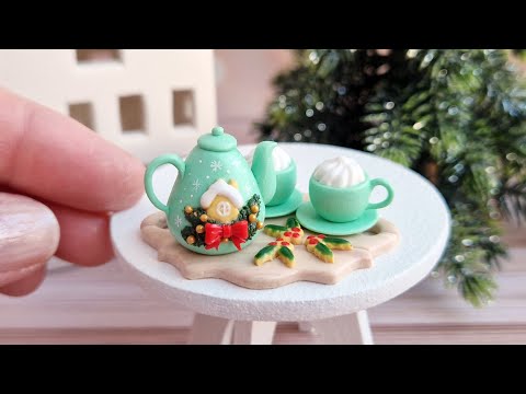 Miniature Christmas tea set in mint color⛄Polymer clay