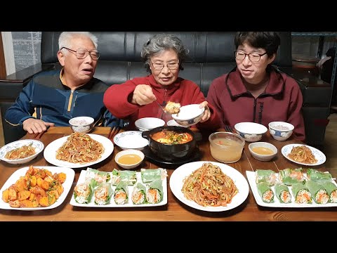 얼큰칼칼~! 콩나물 잡채 먹방 (굴 순두부찌개, 양배추 다이어트 요리, 단감깍두기) Bean sprout japchae mukbang asmr / korean recipes