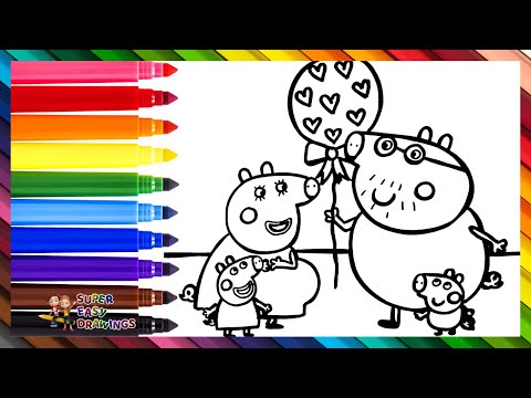 Draw and Color Peppa Pig and Her Family at the Baby's Gender Reveal Party 🐷🎉🎈💙💖🌈 Drawings for kids