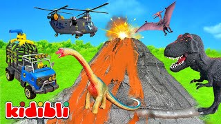 Toy Dino Rescue Truck & Helicopter Save Dinosaurs before Volcano Eruption 🦕 Video for Kids | Kidibli