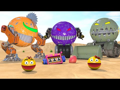 Pacman & Ms. Pacman vs. Biped Saw Robot & Shredder Tank Robot Monsters