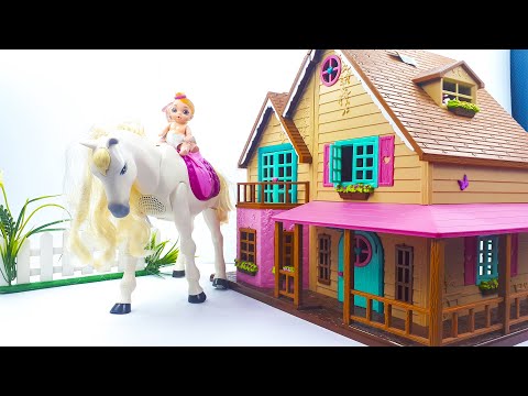 Barbie Mommy for Baby doll princess -  Baby doll play in dollhouse with Toy Horse !