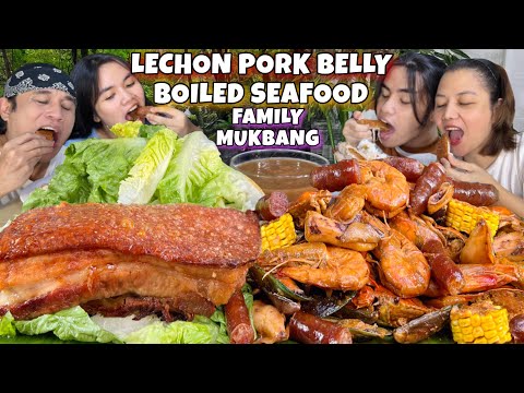 BOILED SEAFOOD & LECHON PORK BELLY FAMILY MUKBANG ( Shrimp, Crab, Squid, Mussel, Chorizo MUKBANG