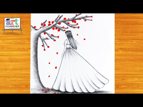 How to draw a cute Girl with Red Tree -Pencil sketch || Drawing easy for beginner || Girl drawing