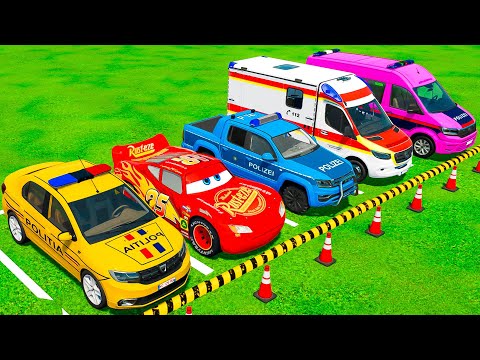 TRANSPORTING ALL POLICE COLOR CARS & MCQUEEN WITH BIG TRUCKS! Farming Simulator 22