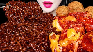 ASMR BLACK BEAN NOODLES, SPICY CHICKEN 맘스터치 핫치즈싸이순살 치킨, 짜장라면 먹방 EATING SOUNDS MUKBANG