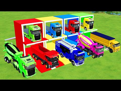 TRANSPORTING MIXER CEMENT TRUCK, DUMP TRUCK, POLICE CAR TO GARAGE WITH MAN TRUCK - FS22