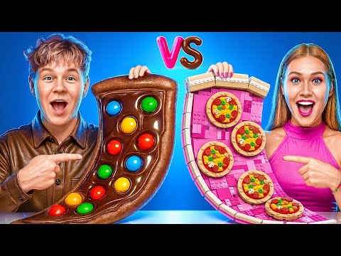 フードチャレンジ：レンガ vs チョコレート！🍭🍫 絶対見逃せない甘いバトル＆サプライズ！🤯🔥