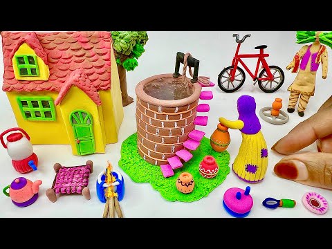 Diy How to Make Polymer Clay Miniature House,Kitchen set, Water well, Doll, Cycle | Village house