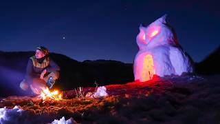OWL shelter. Winter survival bushcraft camping. Wild art and relaxing.