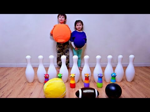 Learn Sport Ball Names with Big T-Shirt and Bowling Pins for Children