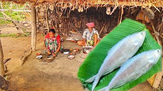 HILSHA FISH CURRY cooking for lunch by santali tribe old couple
