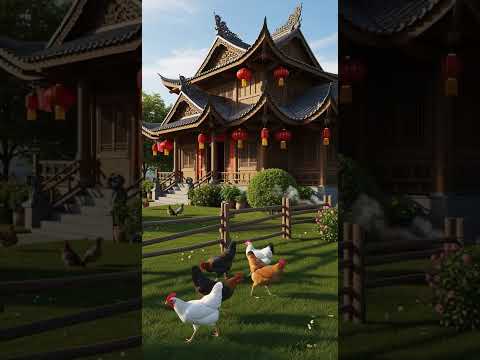 Traditional wooden home with red lanterns and chickens in the yard