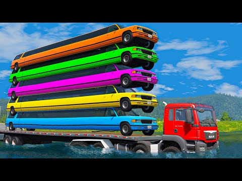 Limousine Long Cars Flatbed Trailer Ramp Truck Car Rescue - Cars vs Deep Water #3 - BeamNG.drive