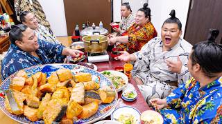 Sumo Wrestlers Refuel With 5 kg of Wagyu Sukiyaki & 3 kg of Grilled Salmon After Training🥩🐟