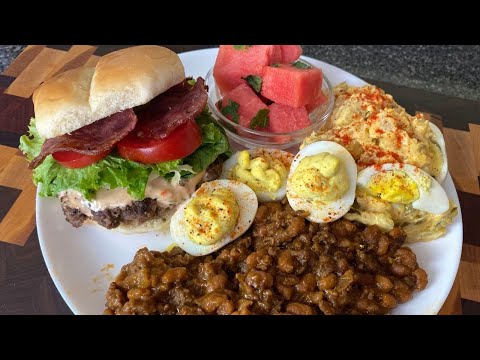 Cook Out Season Recipes! Burgers, Beefy Baked Beans, Deviled Eggs, Potato Salad, Watermelon and Mint
