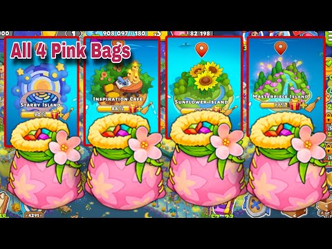 4 Pink Bags on Starry Island, Inspiration Cafe, Sunflower Island, Masterpiece Island | Family Island