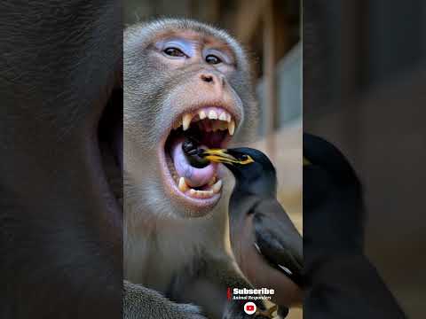 Myna helps monkey smile 🐦🐒