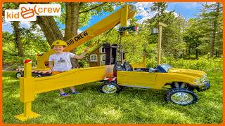 Installing power lines with kids ride on crane truck, utility truck. Educational | Kid Crew