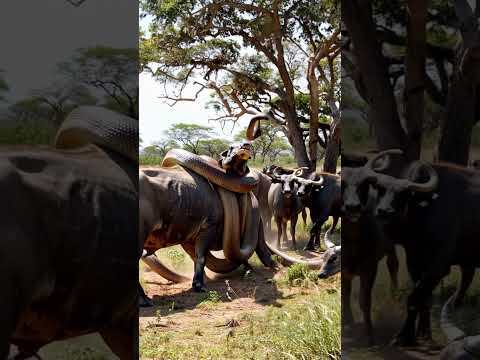 Giant python with herd of wild buffalo #RareAnimals  #youtubeshorts #snake #pythonsnake #animals