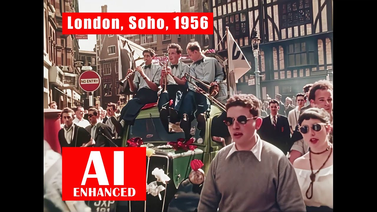 London Soho, 1956. AI Enhanced. Documentary Full Colour & Sound, Details Recovered, Upscaled 1080 HD