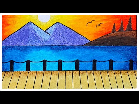 Menggambar Pemandangan | Cara Menggambar Pemandangan Gunung dan Danau Saat Sunset Dengan Oil Pastels