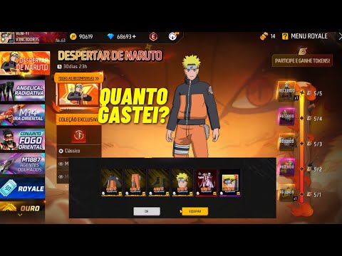 QUANTO GASTEI NA SKIN DO NARUTO NO FREE FIRE!!! EVENTO TORRE DE TOKENS DESPERTAR DO NARUTO FREE FIRE