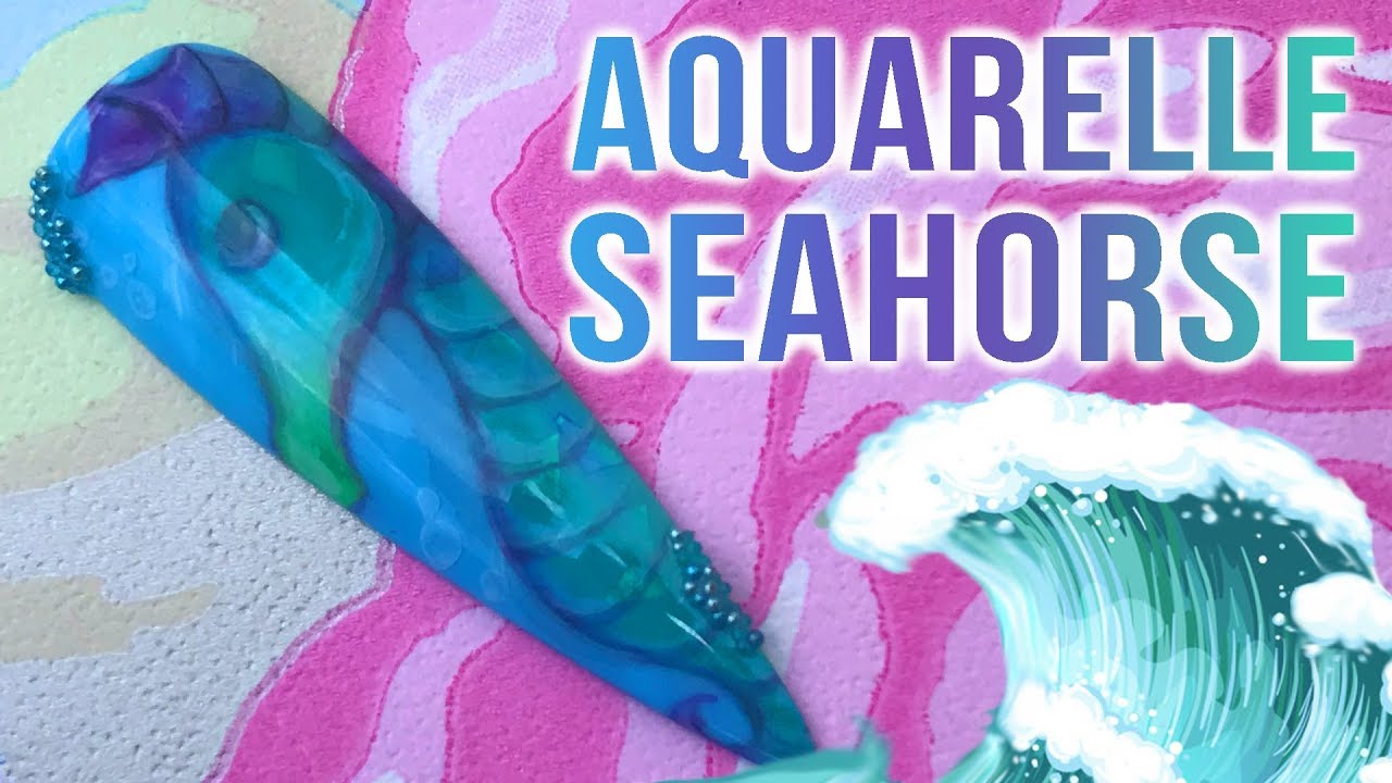 Aquarelle Seahorse Design - Hand Painted Water Colour Nail Art