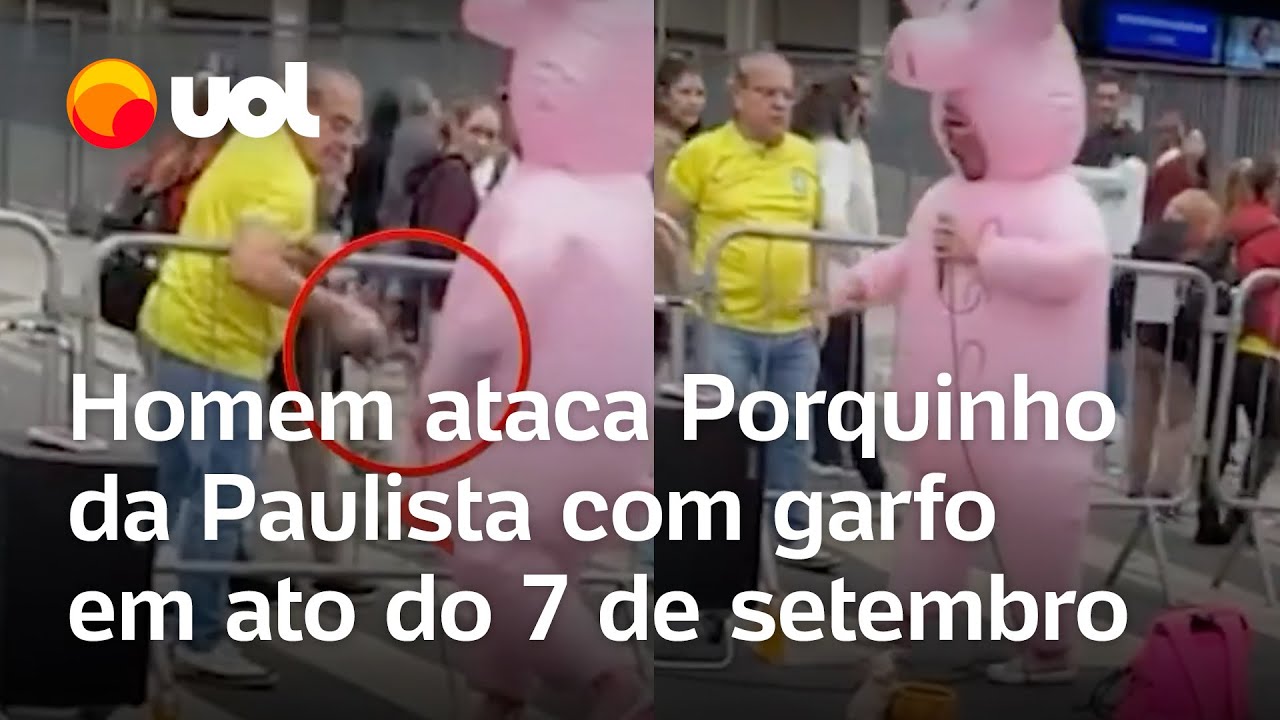 Homem ataca Porquinho da Paulista com garfo durante manifestação do 7 de Setembro veja vídeo