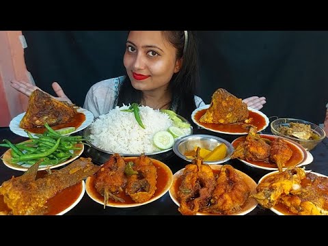Omg Asmr Girl Eating 7 Thali Fish masala +Kochu Shak+Basmati Rice Eating Indian Girl*Green Chili