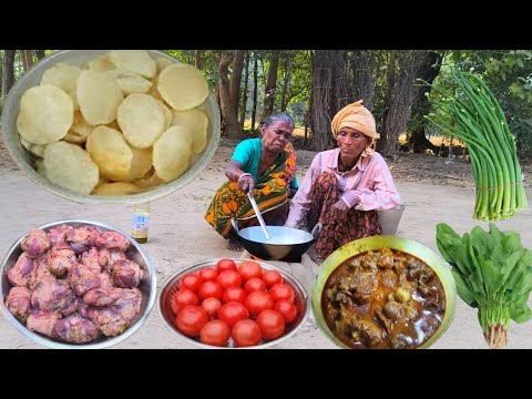 90 years old grandma cooking GIBLETS curry and eating with hot LUCHI and vegetables || village life