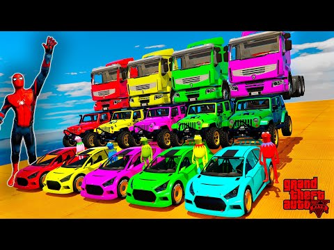 Colored Spiderman & Super Heroes driving Super Cars & Big Trucks in long race track