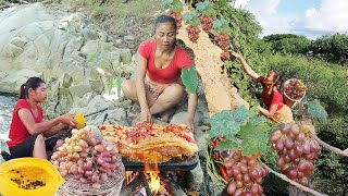 Yummy! Pork salad spicy grill on the rock for lunch, Wild grape fruit and Ripe papaya for snack