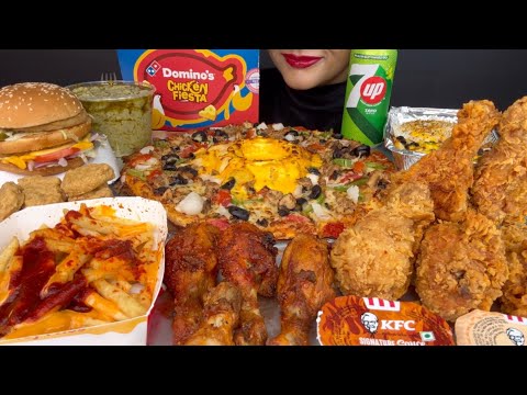 DOMINOS VOLCANO CHEESE PIZZA,KFC FRIED CHICKEN,CHEESY FRIES,MCDONALDS BURGER *ASMR EATING