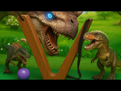 Dino Rescued by slingshot,Fun Game with Ankylosaurus,T-rex, Euoplocephalus, Triceratops, Stegosaurus