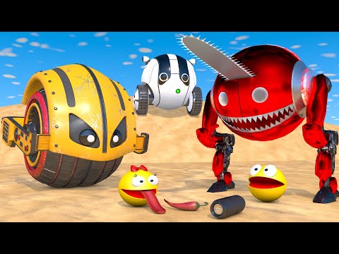 Pacman vs Two-Legged ChainSaw Robot & Road Roller Robot Monsters