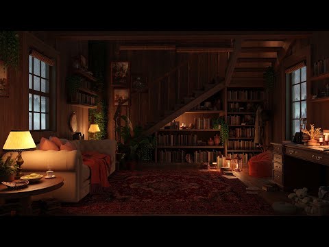 Cozy Wooden House with Rain Falling on Forest and Thunderstorm Sounds