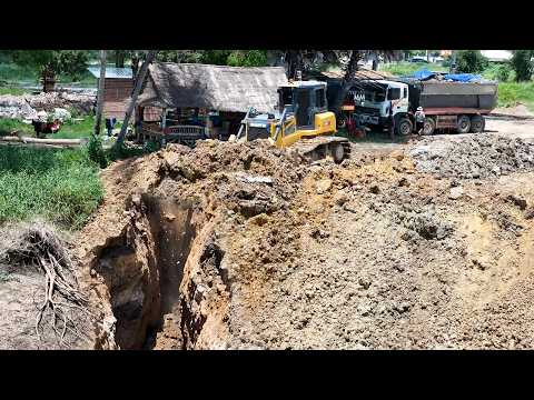 The Stronggest Powerful Twos Bulldozer Pushing Soil Filling Big Pond vs 25.5T Dump Truck Unloading