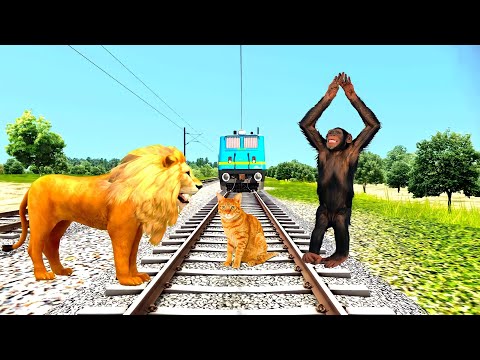 Cat 😺 & lion vs Train / Stop the train / train simulator/ beamng drive funny vfx video