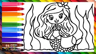 Draw and Color a Cute Mermaid 🧜‍♀️🌊🐚🌈 Drawings for Kids