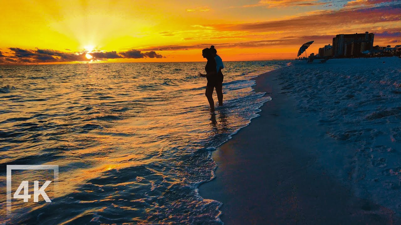 [4K] Florida sunset beach walk, peaceful ocean waves, Panama City Beach
