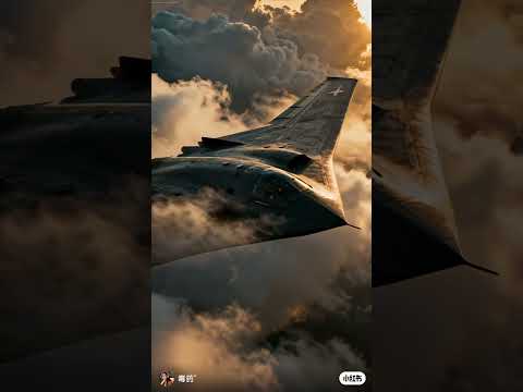 The wide wings of the US B2 stealth strategic bomber in the clouds