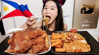 Eating Filipino Food! Crispy Pata, Pancit Canton Guisado & Spring Rolls - Noodles Mukbang Asmr